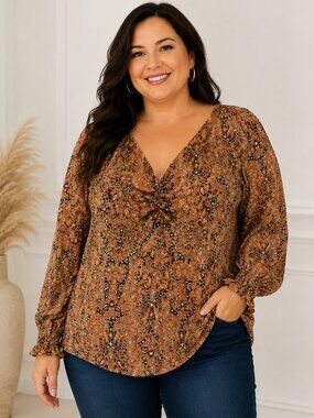 Michael Kors 1X Paisley Blouse Orange Ruched V Neck LongBishop Sleeve Boho Top